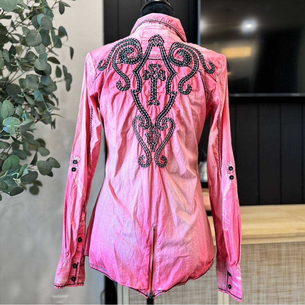 Roar Pink Embroidered embellished distressed Western Shirt